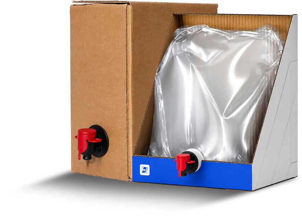 Kemasan bag-in-box: kantong cair di dalam kardus dengan keran